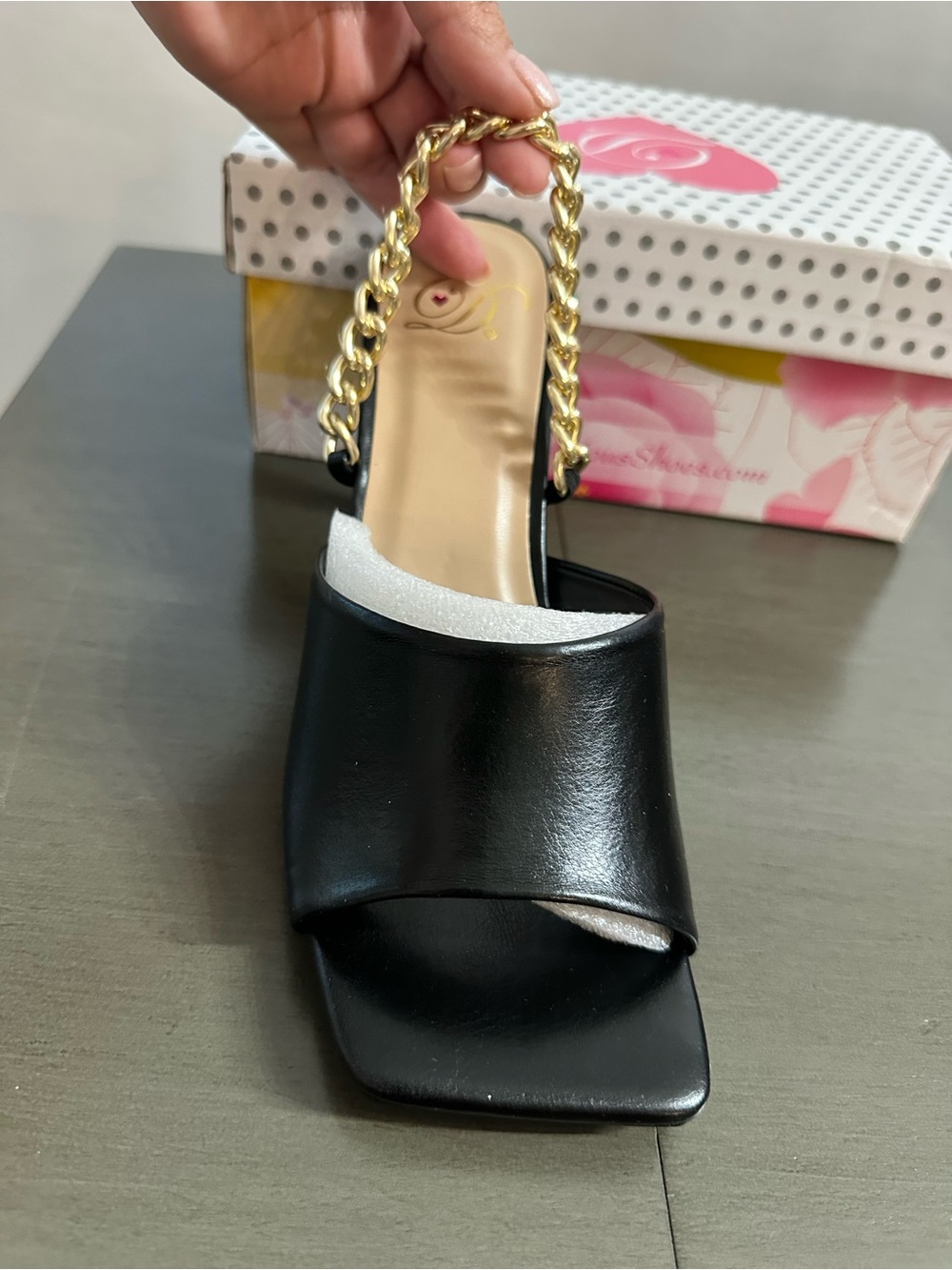 Women’s Black Slide Sandal with Gold Chain Strap
